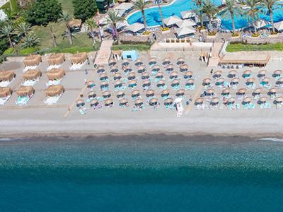 Vista aerea di una spiaggia con ombrelloni, lettini e una piscina sullo sfondo.