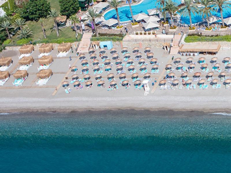 Vista aérea de una playa con tumbonas, sombrillas y mar azul al fondo.
