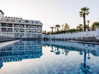 Nowoczesny kompleks hotelowy z dużym basenem i palmami pod czystym niebem.