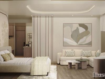 Habitación de hotel moderna y luminosa con cama doble, sofá y decoración minimalista.