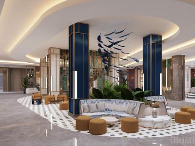 Interno moderno della hall dell'hotel con soffitti curvi, colonne blu ed aree salotto