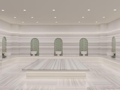 Área moderna y luminosa de bienestar con azulejos de mármol y nichos para sentarse en tonos blancos.