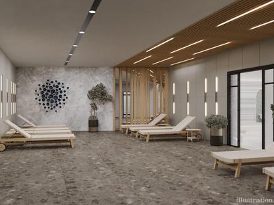 Área moderna de descanso en hotel con tumbonas, techo de madera y grandes ventanas para luz natural.