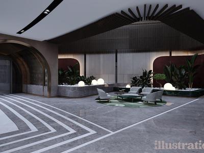 Área moderna del vestíbulo del hotel con grupos de asientos, plantas y iluminación indirecta en diseño elegante