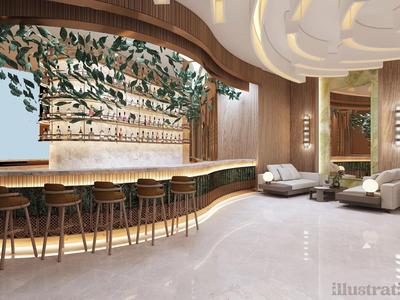 Moderna zona de bar de hotel con taburetes altos, plantas verdes y áreas de asientos acogedoras en tonos cálidos.