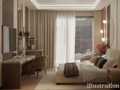 Habitación de hotel moderna con escritorio, sofá y grandes ventanas con cortinas.