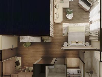 Vista general de una habitación de hotel moderna con cama, sofá, escritorio y baño.