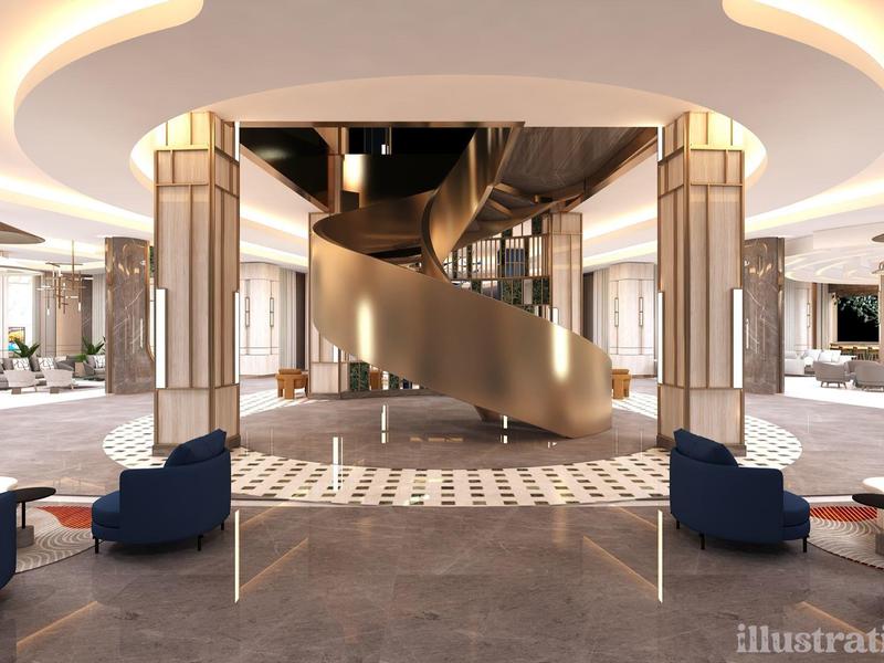 Área de lobby de hotel elegante con escalera de metal curva y decoración moderna y luminosa.