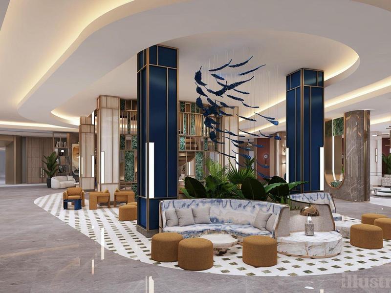 Lobby de hotel moderna con columnas elegantes, asientos y iluminación indirecta