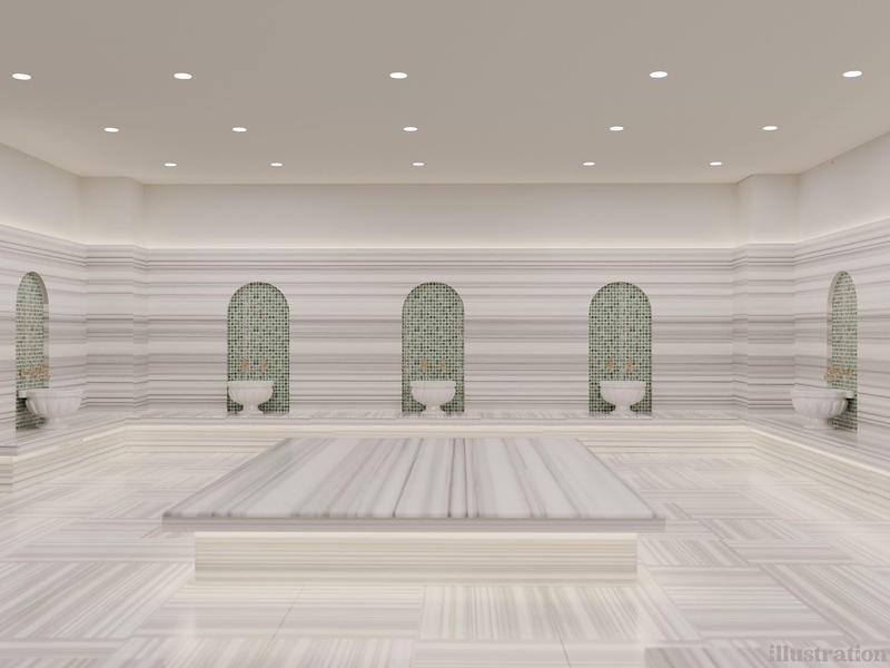 Área moderna y luminosa de bienestar con azulejos de mármol y nichos para sentarse en tonos blancos.