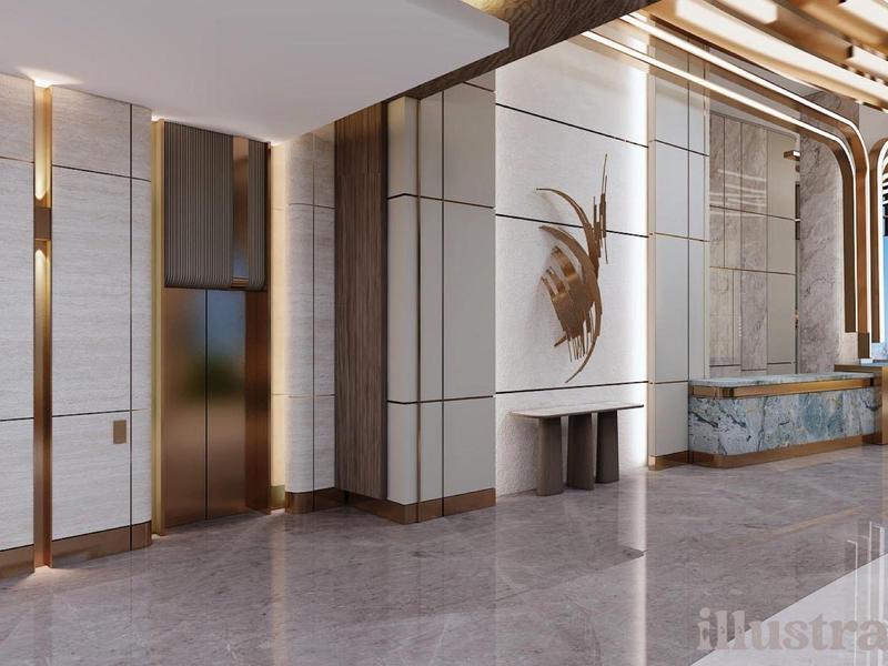 Área elegante del vestíbulo del hotel con suelo de mármol, acentos dorados y recepción moderna.