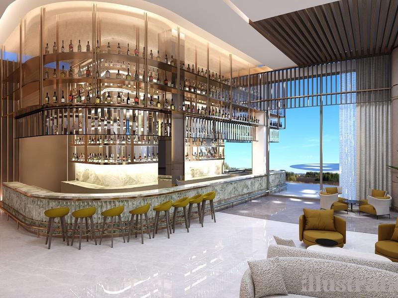 Área moderna de bar del hotel con barra alta, sillas y vista al mar a la luz del día.