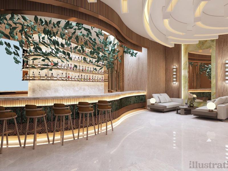 Moderna zona de bar de hotel con taburetes altos, plantas verdes y áreas de asientos acogedoras en tonos cálidos.