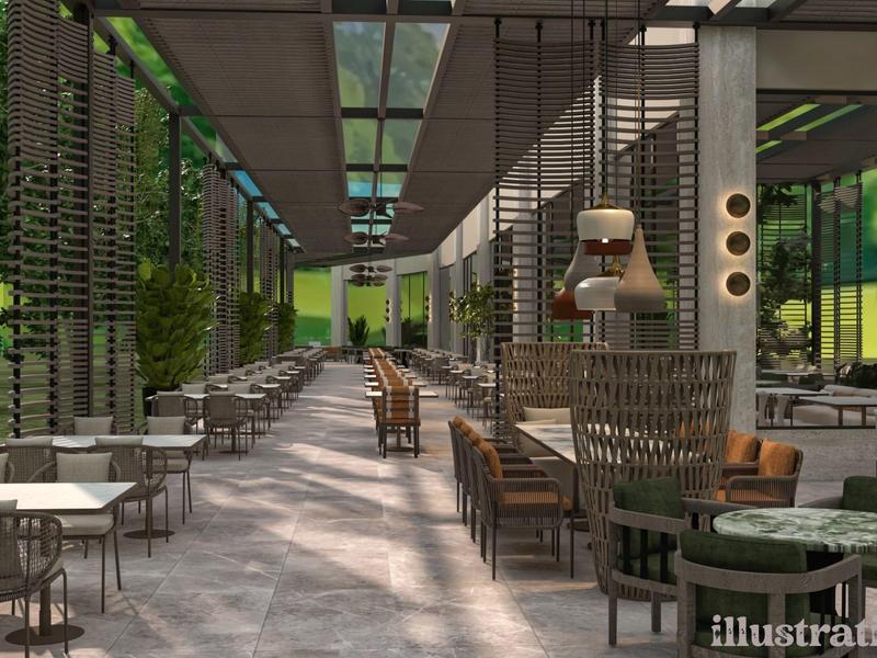 Área de restaurante moderna y abierta con elementos de madera y vidrio en un entorno verde.