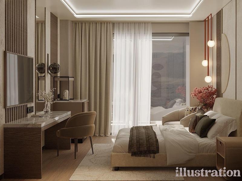 Habitación de hotel moderna con escritorio, sofá y grandes ventanas con cortinas.