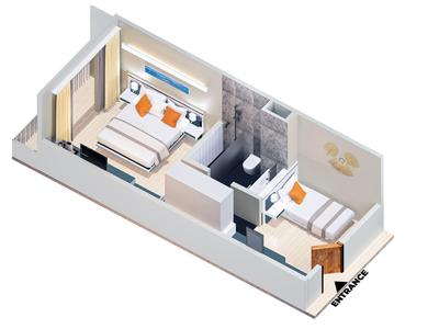 Grundriss eines kompakten Apartments mit zwei Betten, Bad, Kleiderschrank und kleinem Flur.
