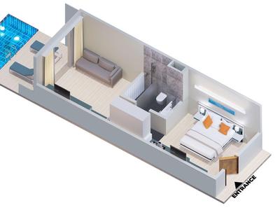 Kleine Wohnung mit Schlafzimmer, Badezimmer, Wohnzimmer und Balkon mit blauem Pool.
