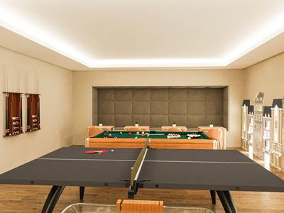 Moderner Raum mit Tischtennisplatte, Billardtisch, hellem Holzfußboden und gedämpfter Beleuchtung.