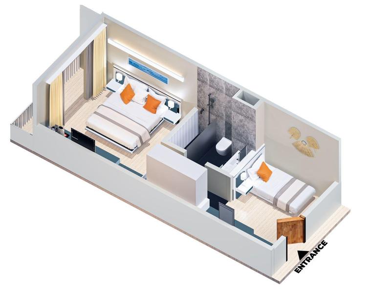 Plattegrond van een compacte hotelkamer met twee bedden, badkamer en kastgedeelte.