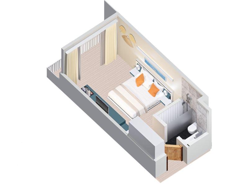 Isometrisch plattegrond van een hotelkamer met tweepersoonsbed, badkamer en balkon.