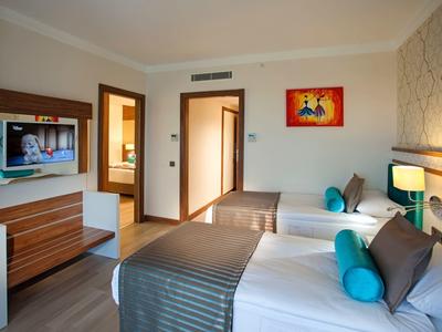 Modernes Hotelzimmer mit zwei Einzelbetten, Wand-TV und heller Holzmöblierung.