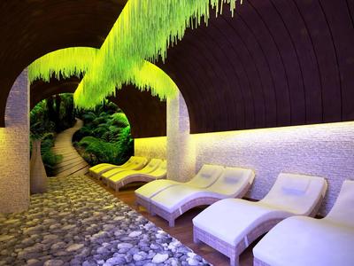 Cozy spa area with loungers, soft lighting, and green plants hanging from the ceiling.