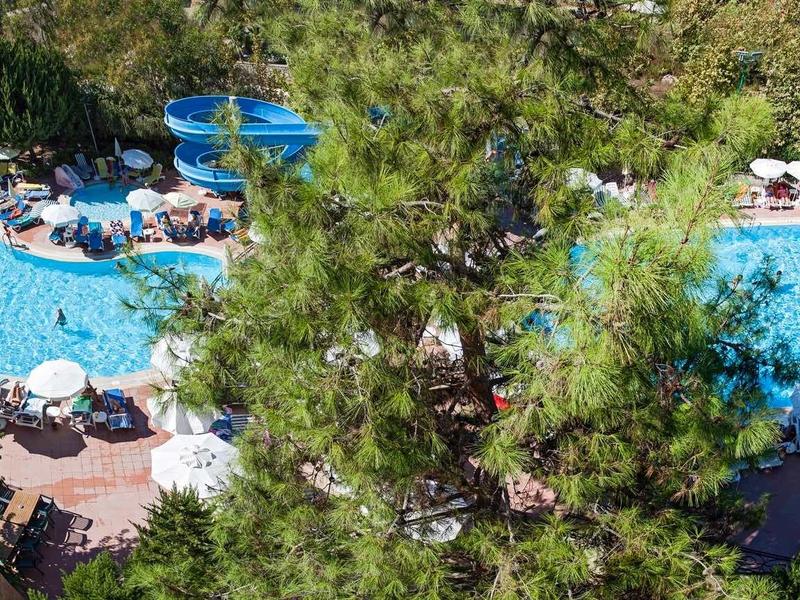 Widok z lotu ptaka na basen hotelowy z leżakami otoczony drzewami.