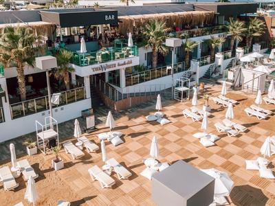 Moderne buitenruimte van een hotel met ligstoelen, parasols en palmbomen.
