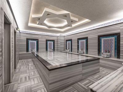 Hammam au design moderne avec marbre, grands miroirs et éclairage décoratif au plafond.