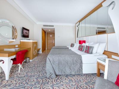 Elegantní hotelový pokoj se dvěma postelemi, psacím stolem, velkým zrcadlem a kobercem.