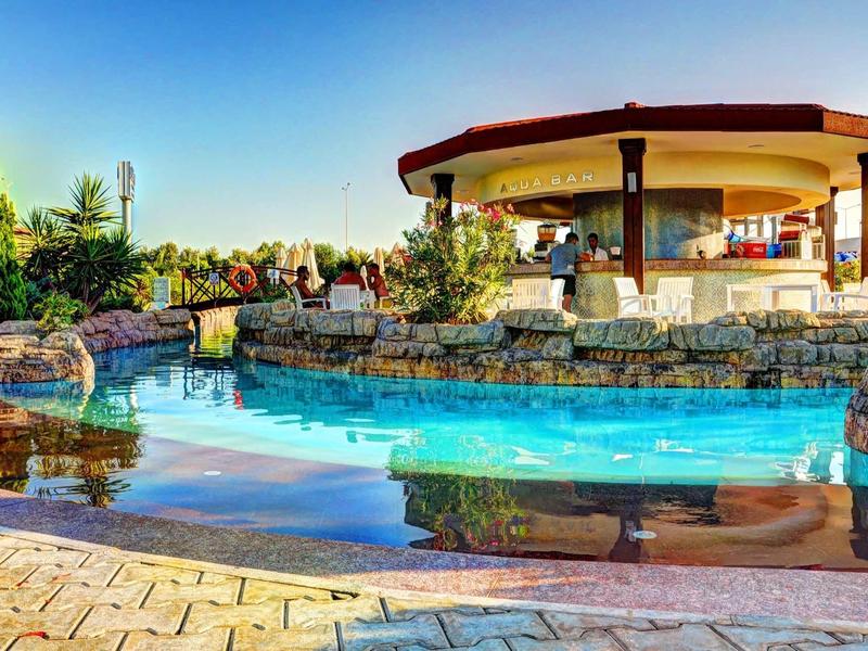 Piscine extérieure avec terrasse en pierre et bar sous un toit circulaire ensoleillé.