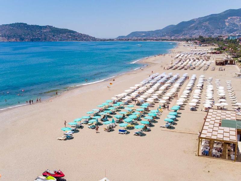 Wide sandy beach with rows of umbrellas and sunbeds next to clear blue sea.