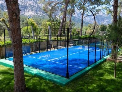 Blauer Padelplatz im Freien, umgeben von Bäumen und grünem Rasen unter klarem Himmel.