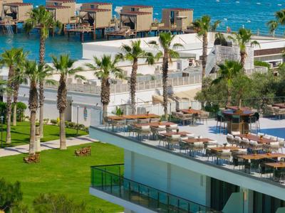 Hotelterrasse mit Tischen, Stühlen und Palmen am Meer bei Sonnenschein.