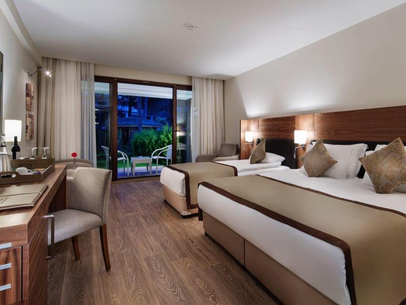 Spacious hotel room with two beds, wooden furniture, and large window overlooking greenery.