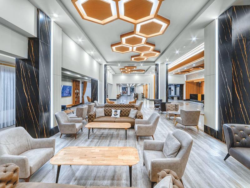 Spacious modern hotel lounge area with stylish seating and distinctive ceiling lights.