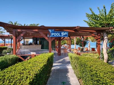 Wooden pool bar with shaded seating, surrounded by green hedges and tropical plants.