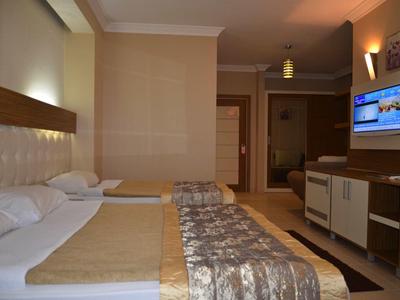 Habitación de hotel moderna con cama doble y TV montada en la pared.