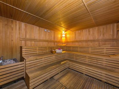 Holzsauna mit mehrstufigen Sitzbänken, Holzverkleidung und Saunaofen links.