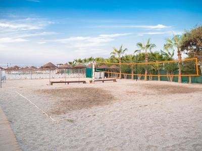 Sandstrand mit Volleyballnetz, Palmen und Sonnenschirmen unter blauem Himmel.