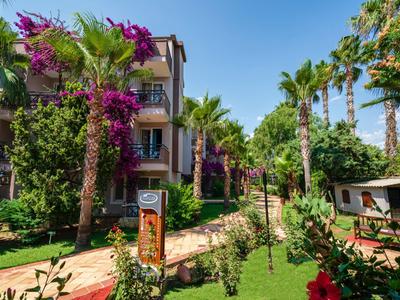 Hotel tuin met bloeiende palmbomen en kleurrijke bloemen onder een heldere blauwe lucht