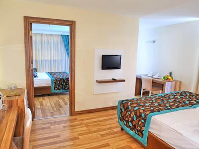 Modern eingerichtetes Hotelzimmer mit Doppelbett, Flachbild-TV und Schreibtisch, Holzboden.