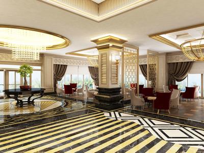 Luksusowa lobby hotelowa z eleganckimi meblami, marmurową podłogą i żyrandolami.