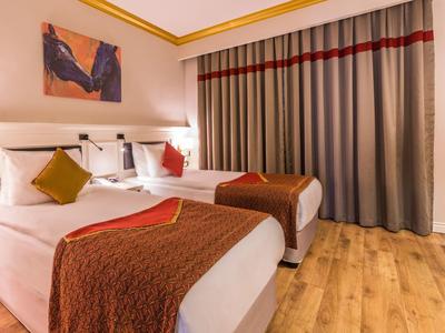 Camera d'hotel con due letti confortevoli, pavimento in legno e grandi tende.