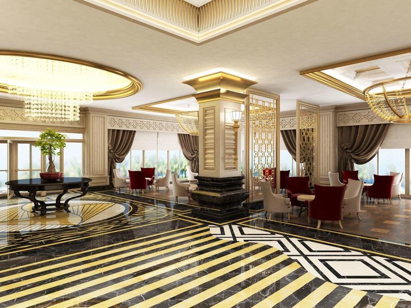 Luksusowa lobby hotelowa z eleganckimi meblami, marmurową podłogą i żyrandolami.