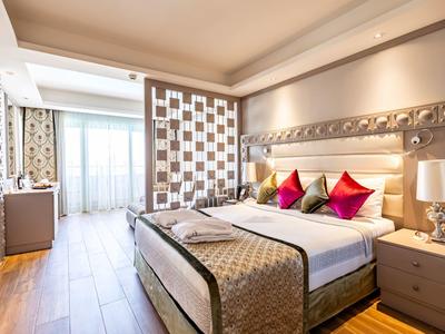 Habitación de hotel moderna con cama grande, cojines de colores y suelo de madera.