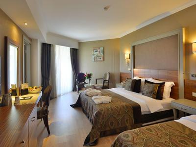 Modern eingerichtetes Hotelzimmer mit Doppelbett, Fernseher und Sitzbereich.