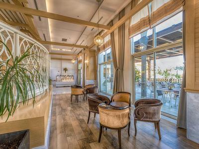 Bright hotel lounge with wooden flooring, large windows, and cozy armchairs near a plant.