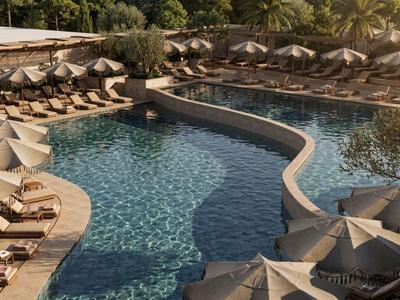 Luxurious hotel pool with sun umbrellas and comfortable loungers, surrounded by plants.