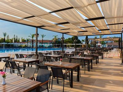 Zonnig terras met houten en metalen meubels naast een zwembad met uitzicht op palmbomen.